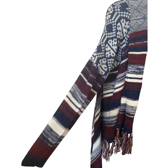 Cozy Boho Southwest Fringe Cardigan Sweater Open Front Waterfall Hem Blue Red L - Picture 4 of 8